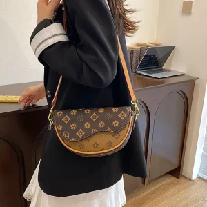 High-end Fashion PU Saddle Bag Women’s Color Matching Shoulder Crossbody Underarm Bag Polyester Lining