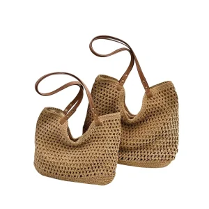 Hollow Hand woven Zipper Closure Polyester Women’s Summer Tote Bag Seaside Vacation Commute Shoulder Bag