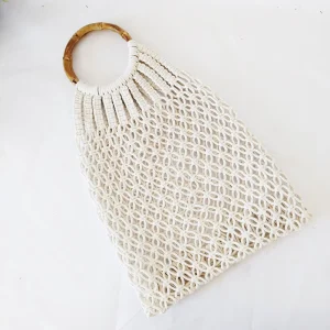 Hollowed-out Bamboo Handle Net Cotton Thread Braided Beach Bag Straw Bag Summer Open Solid Color