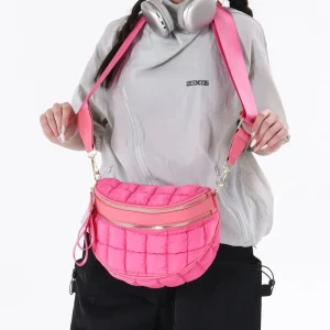Hot Pink Quilted Puffer Sling Bag Nylon Messenger Bag Women’s Quilted Bubble Saddle Purse Puffer Quilted Crossbody Shoulder Bag