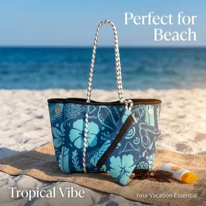 In-stock Waterproof Soft Printed Diving Fabric Beach Bag with Flowers Summer Seaside Vacation Storage Tote Bag Shoulder Bag