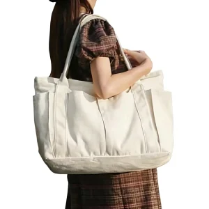 Ins Style Large Capacity Solid Color Canvas Bag Casual Multi Pocket Thickened Open Mouth Closure Simple Travel Bag