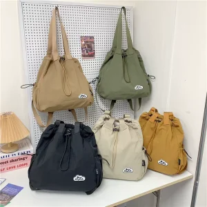Ins Style Wrinkle Drawstring Large Capacity Unisex Casual Convertible Hand Shoulder Bag Daily Trendy Drawstring Student Bag