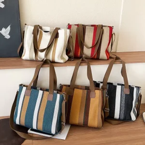 Japanese Sweet Striped Canvas Waterproof Tote Bag Women New Fashion Large Capacity Crossbody Handbag Single Strap Zipper Closure