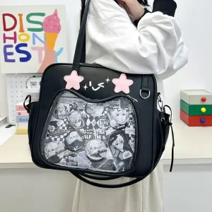Kawaii Star Decor for Clear Window Anime Badge Fashion Lady PU Leather Shoulder Tote Bag Girls Lolita JK Daily Crossbody