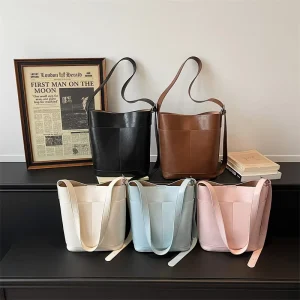 Korean Bucket Bag for Women Soft Leather Hobo Shoulder Bag Vintage Crossbody Tote Bag Daily Handbag for Work Travel & Shopping