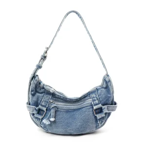 Korean Niche Fashionable and Retro Crescent Shaped Dumpling Bag Crossbody Denim Underarm Bag for Women Single Shoulder Jeans Bag