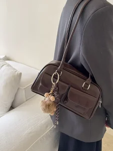 Korean Oil Wax Leather Bowling Bag Multi-pocket Shoulder Bag for Work and Travel