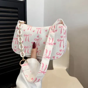 Korean-Style Bow-Knot Heart Corduroy Crossbody Shoulder Bag Womens Chain Zipper Underarm Bag