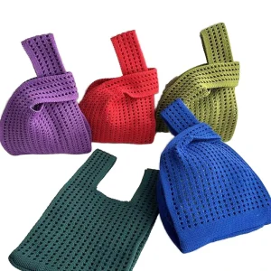 Korean Style Hollow Knit Handbag Women Fashion Woven Zipper Closure Tote Gift Bag Red Versatile Daily Shoulder Bag