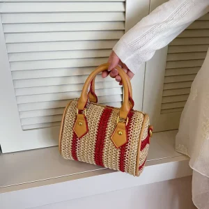 Korean Style Women’s Striped Woven Straw Boston Handbag Designer Top Handle Shoulder Bag for Beach Vacation Casual Luxury Purse