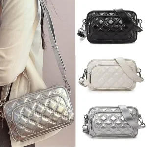 Ladies’ Diamond Patterned Quilted Crossbody Bag with Multiple Zippered Pockets Casual Shoulder Bag