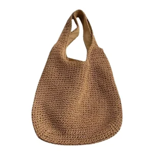 Ladies Fashion Large Natural Rattan Woven Solid Pattern Open Closure Shoulder Tote Bag Summer Beach Daily Shopping Travel