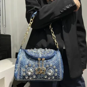 Ladies’ Fashionable Washed Denim Pillow Bag with Elegant Diamond studded Japanese and Korean Trendy Single Shoulder Handbag