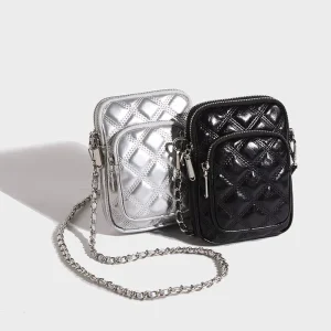 Ladies’ Korean Style Single Shoulder Crossbody Bag with Diamond Pattern Chain Zipper Opening and Closing