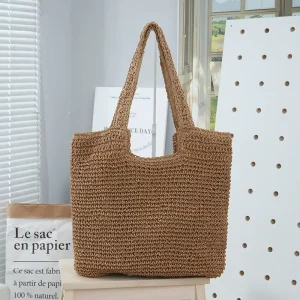 Lady’s Eco-Friendly Large Capacity Fashionable Woven Straw Tote Zip Closure Portable Shoulder Bag Two Straps Beach Holidays