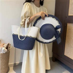 Large Brim Sun Hat Tote Bag Brown Summer Vacation Travel Shopping Women Beach Striped Straw Hat Beach Bag Set