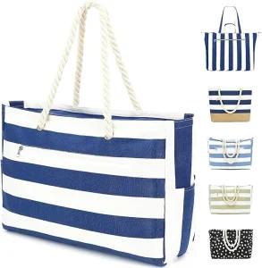Large Canvas Beach Bag for Women Waterproof Sand Proof with Zipper & Wet Bag Cruise Essentials