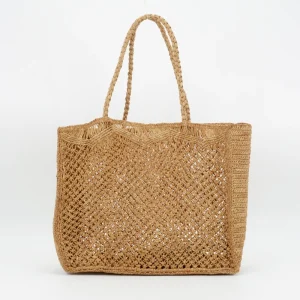 Large Capacity Camel Color Raffia Straw Bag Open Closure