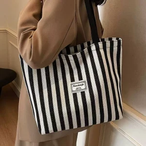 Large Capacity Canvas Bag with Striped Tote Bag Casual Single Shoulder Tote Bag for Women