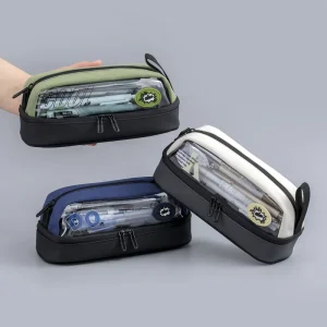 Large Capacity Canvas Pencil Case Clear Window Zipper Pen Pouch Durable Stationery Bag for School Students Office Daily Use
