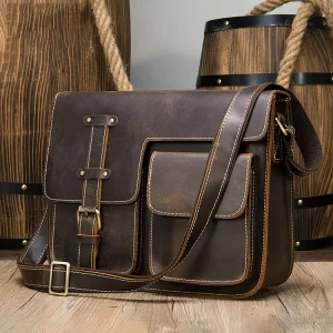 Large Capacity Dark Brown Crazy Horse Leather Office Briefcase Bags Men’s Business 17” Laptop Portfolio Leather Briefcase