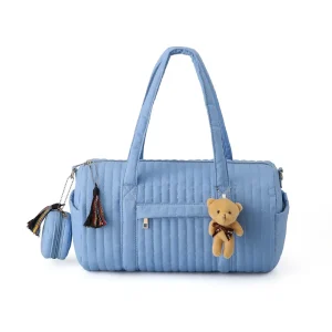 Large Capacity Diaper Bag for Mom Quilted Mummy Bag with Teddy Bear Charm Multi Pocket Baby Travel Bag