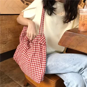 Large Capacity Fashion Cotton Canvas Shoulder Bag for Women Student Portable Lattice Crossbody Tote Storage Bags