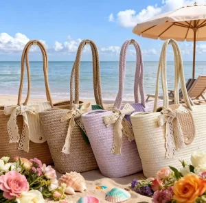 Large Capacity Fashionable Cotton Rope Woven Tote Bag Summer Holiday Beach Handbag With Lace Bowknot Simple Commuting Bag
