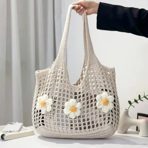 Large Capacity Floral Hollow Crocheted Tote Bag Stylish Knitted HandBag for Women Beach Bag With Flowers School Supplies