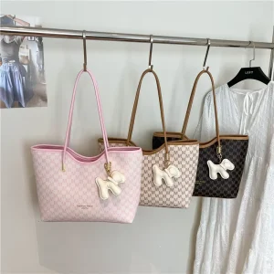 Large Capacity Monogram Tote Bag for Women PU Leather Shoulder Handbag with Cute Charm Fashionable Work Commutes Purse