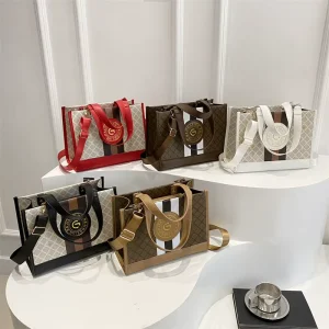 Large Capacity New Model Two-tone Design Gold Stamping PU Zipper Closure Nylon Lining Fashionable Women’s Handbag for Commuting