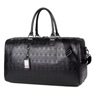 Large Capacity PU Leather Duffle Tote Bag Skull Embossed Print Custom Style Shoulder Travel Bag