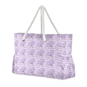 Large Capacity Purple Palaka Zipper Nylon Hawaii Flower Printed Portable Outdoor Shoulder Zipper Beach Tote Bag With Rope Handle