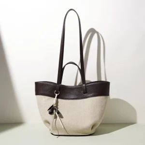 Large Capacity Shopping Basket Casual Linen Shoulder Bag Top Grain Leather Splicing Magnetic