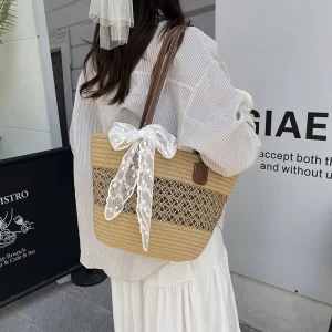 Large Capacity Summer Tote Bag with Woven Pattern and Open Mouth Fashion Synthetic Leather Lining for Women