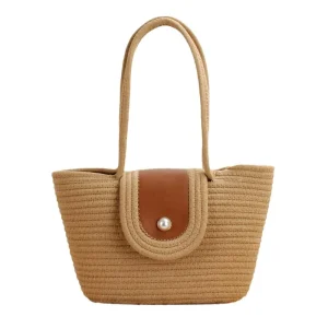 Large Capacity Women’s Cotton Rope Woven Shoulder Bag Portable Joker Straw Beach Tote Bag