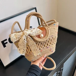 Large Capacity Women’s Cotton Tote Bag with Silk Scarf Design Portable Handbag Shoulder Bag for Beach Vacation Fresh Sweet Niche