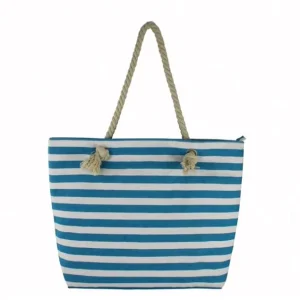Large Compartment Striped Blue Zippered Rope Handles Canvas Beach Tote Bag With Zipper