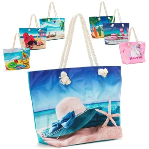 Large Custom Eco friendly Canvas Beach Bag with Rope Handle and Zipper for Women and Girls