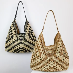 Large Fashionable Crochet Beach Tote Bag with Straw Leather Handles Portable Button Closure for Summer Autumn Spring Seasons