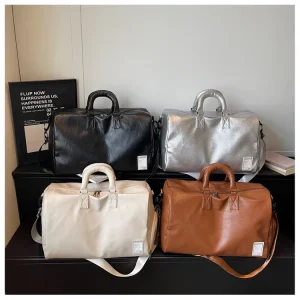 Large Gym Bag Soft Faux Leather Duffle Bag Square Label Patch Padded Handgrip Detachable Cross Strap Weekend Travel Handbag