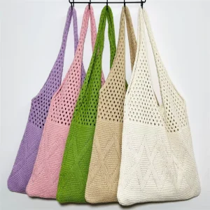 Large Knitting Shoulder Bags Crochet Mesh Beach Tote Bag Ladies Hollow Crochet Handbag