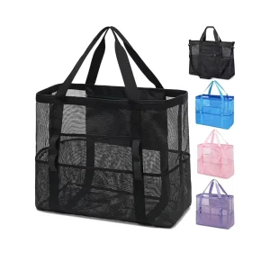 Large Mesh Tote Bag Reusable Beach Bag Gym Tote Shopping Bag Transparent Storage Bag with Pockets Unisex