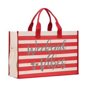 Large Oversized White Red Strips Eco Friendly Recyclable Silver Print Canvas Cotton Beach Tote Bag With Pocket