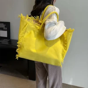 Large Storage Cotton Women Girl Summer Beach Bags Waterproof Fringe Yellow Blank Canvas Tassel Tote Bag