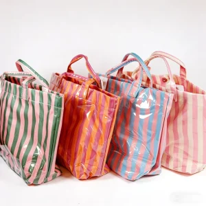 Large Striped Vinyl Tote Bags Women’s Summer Bags for Beach or Pool Glossy Striped Large Tote Bag
