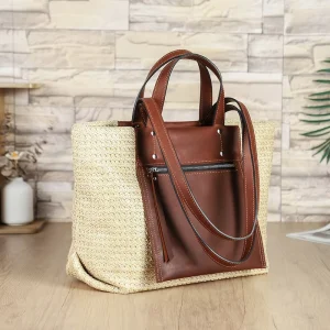 Large Woven Straw Summer Tote Bag Office Lady Color Blocked Leather Strap Button Closure Pocket Multi Compartment Fits