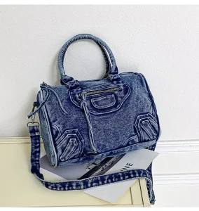 Large capacity Washable Denim Handbag Chains Vintage style Zipper Closure Two Straps Casual Shoulder Crossbody Tote Bag