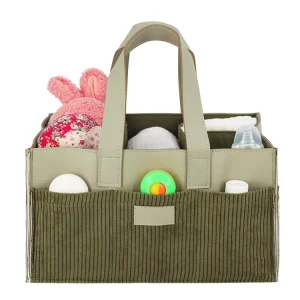 Leather and Corduroy Diaper Bag Stylish Durable Baby Diaper Caddy with Multiple Pockets for Moms